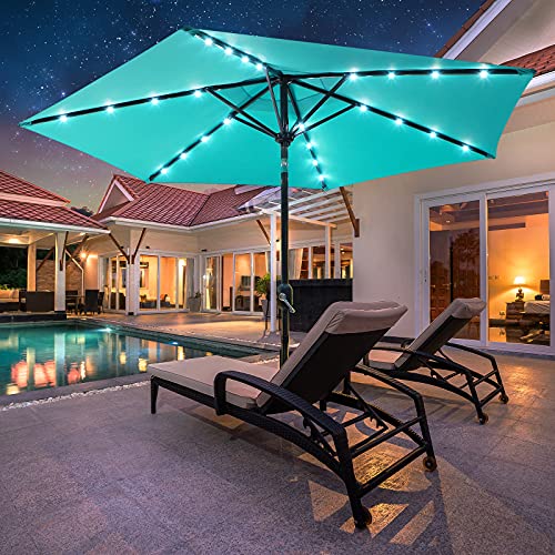 FEFLO Pool Table Solar Patio Umbrella: 9 ft Tilting Outdoor LED Lighted Sun Shade With 6 Ribs and Crank Handle - Parasol Compact for Pool, Deck, Garden, Backyard