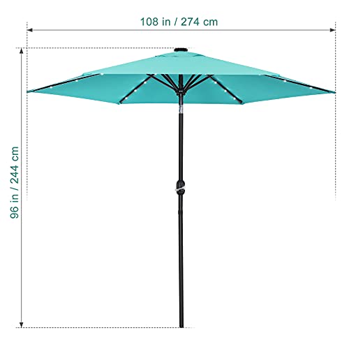 FEFLO Pool Table Solar Patio Umbrella: 9 ft Tilting Outdoor LED Lighted Sun Shade With 6 Ribs and Crank Handle - Parasol Compact for Pool, Deck, Garden, Backyard