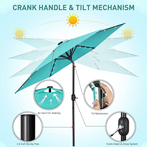 FEFLO Pool Table Solar Patio Umbrella: 9 ft Tilting Outdoor LED Lighted Sun Shade With 6 Ribs and Crank Handle - Parasol Compact for Pool, Deck, Garden, Backyard