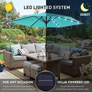 FEFLO Pool Table Solar Patio Umbrella: 9 ft Tilting Outdoor LED Lighted Sun Shade With 6 Ribs and Crank Handle - Parasol Compact for Pool, Deck, Garden, Backyard