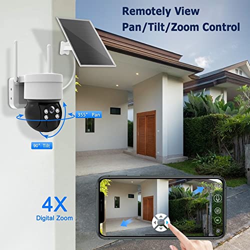 Security Camera Wireless Outdoor Solar Powered, WiFi PTZ Battery Surveillance Camera for Home Security, Color Night Vision, 2 Way Audio, Motion Detection & Phone Alerts, Cloud Storage & SD Card Slot