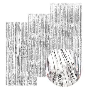 3packs 3.2ft x 8.2ft silver foil fringe curtain, silver streamer backdrop, silver tinsel curtains for bachelorette engagement bridal shower wedding birthday party decorations