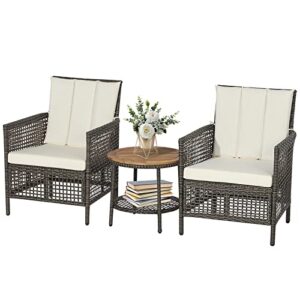 relax4life 3 pieces patio furniture – set of 3 patio chairs, pe wicker bistro set with cushions, outdoor conversation set with 2-tier acacia wood coffee table for backyard, porch, balcony furniture