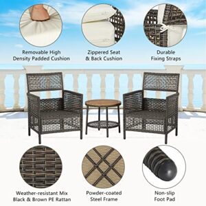 RELAX4LIFE 3 Pieces Patio Furniture - Set of 3 Patio Chairs, PE Wicker Bistro Set with Cushions, Outdoor Conversation Set with 2-Tier Acacia Wood Coffee Table for Backyard, Porch, Balcony Furniture