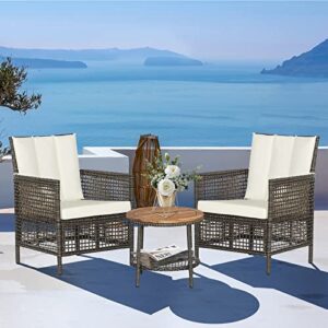 RELAX4LIFE 3 Pieces Patio Furniture - Set of 3 Patio Chairs, PE Wicker Bistro Set with Cushions, Outdoor Conversation Set with 2-Tier Acacia Wood Coffee Table for Backyard, Porch, Balcony Furniture