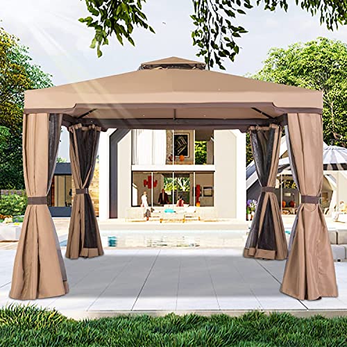 SUNCROWN 10 x 10 FT Outdoor Gazebo for Patio Aluminum Frame Garden Permanent Gazebo with Vented Soft Canopy and Mosquito Netting, Khaki