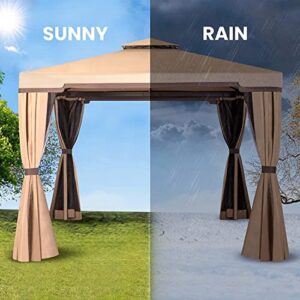 SUNCROWN 10 x 10 FT Outdoor Gazebo for Patio Aluminum Frame Garden Permanent Gazebo with Vented Soft Canopy and Mosquito Netting, Khaki