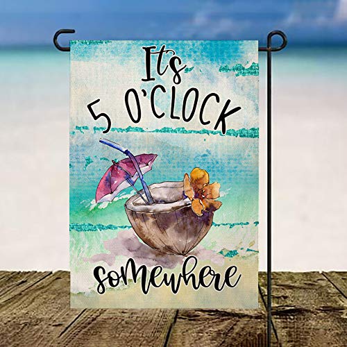 BLKWHT Summer Beach Garden Flag It's 5 O'Clock Somewhere Vertical Double Sided Tropical Fruit Coconut Burlap Yard Outdoor Decor 12.5 x 18 Inches A2152