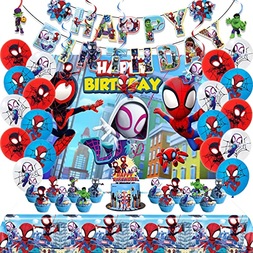 Spidey and His Amazing Friends Birthday Decorations, Party Supplies Set Include Banner, Backdrop, Balloons, Hanging Swirls, Cake Cupcake Toppers, Tablecloth for Boys Girls Spidey Theme Party