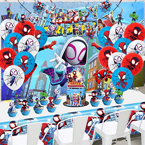 Spidey and His Amazing Friends Birthday Decorations, Party Supplies Set Include Banner, Backdrop, Balloons, Hanging Swirls, Cake Cupcake Toppers, Tablecloth for Boys Girls Spidey Theme Party
