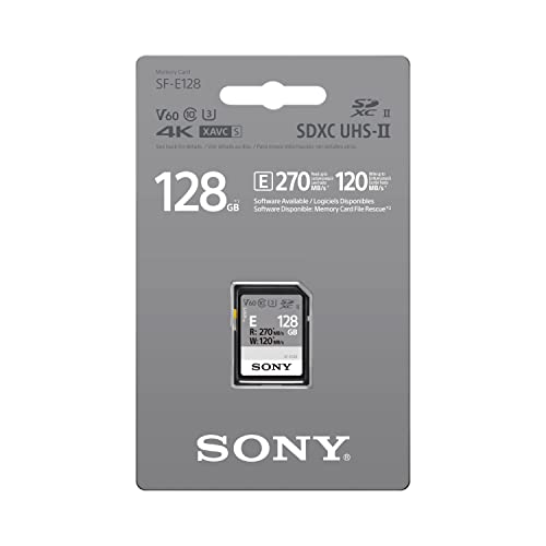 Sony E series SDXC UHS-II Card 128GB, V60, CL10, U3, Max R270MB/S, W120MB/S (SF-E128/T1), SFE128/T1,Black,Small