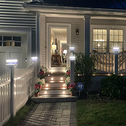 Sumaote Solar Post Cap Lights, 52 LED Solar Powered Fence Deck Post Lights Outdoor 6000K White Lighting for 4x4 5x5 6x6 Wooden Posts Railing Garden Patio Decor, White Shell, 2 Pack