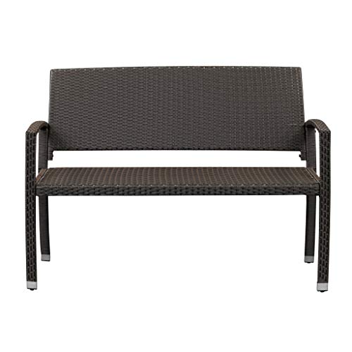 Patio Sense 63363 Miles Patio PU Wicker Steel Frame All Weather Bench Attractive Woven Design Easy Assembly Lightweight Year Round Accent Patio Porch Lawn Garden Setting - Mocha