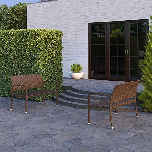 Patio Sense 63363 Miles Patio PU Wicker Steel Frame All Weather Bench Attractive Woven Design Easy Assembly Lightweight Year Round Accent Patio Porch Lawn Garden Setting - Mocha