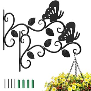 lewondr wall hanging plant bracket, [2 pack] 12 inch retro outdoor indoor garden hook hanging planter decorative plant brackets for bird feeder wind chime lantern, butterfly and 3 leaves, black