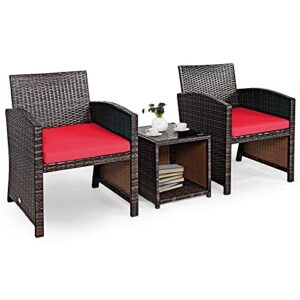 tangkula 3-piece outdoor pe rattan furniture set, patio conversation set w/chair & storage coffee table, detachable cushion, stable x-shaped frame, perfect for garden, backyard, poolside (red)