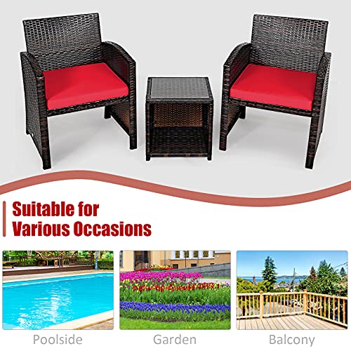 Tangkula 3-Piece Outdoor PE Rattan Furniture Set, Patio Conversation Set w/Chair & Storage Coffee Table, Detachable Cushion, Stable X-Shaped Frame, Perfect for Garden, Backyard, Poolside (Red)