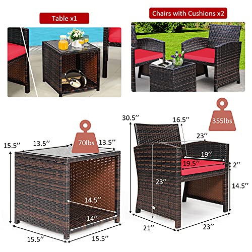 Tangkula 3-Piece Outdoor PE Rattan Furniture Set, Patio Conversation Set w/Chair & Storage Coffee Table, Detachable Cushion, Stable X-Shaped Frame, Perfect for Garden, Backyard, Poolside (Red)