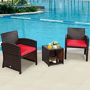 Tangkula 3-Piece Outdoor PE Rattan Furniture Set, Patio Conversation Set w/Chair & Storage Coffee Table, Detachable Cushion, Stable X-Shaped Frame, Perfect for Garden, Backyard, Poolside (Red)