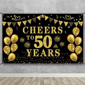 trgowaul 50th birthday/anniversary/wedding decorations for women men, cheers to 50 years banner, black and gold 50th birthday backdrop, 50 bday decorations party banner photography supplies background
