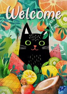 dyrenson welcome summer black cat lemon watermelon tropical decorative garden flag, yard outside decoration outdoor small decor 12×18