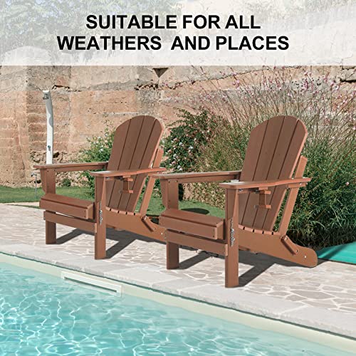 nalone Folding Adirondack Chairs Set of 2 with Cushion with Cup Holder, HDPE Plastic Oversized Patio Chair Weather Resistant, Used in Outdoor, Fire Pit, Deck, Garden, Campfire Chairs (Teak)