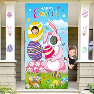 tatuo easter party decorations easter bunny photo door banner large fabric happy easter backdrop photo prop funny eggs bunny face in hole game for easter party supplies, 6 x 3 feet