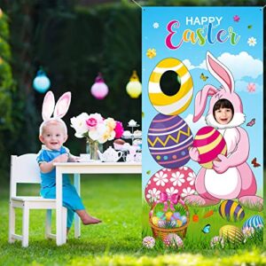 Tatuo Easter Party Decorations Easter Bunny Photo Door Banner Large Fabric Happy Easter Backdrop Photo Prop Funny Eggs Bunny Face in Hole Game for Easter Party Supplies, 6 x 3 Feet