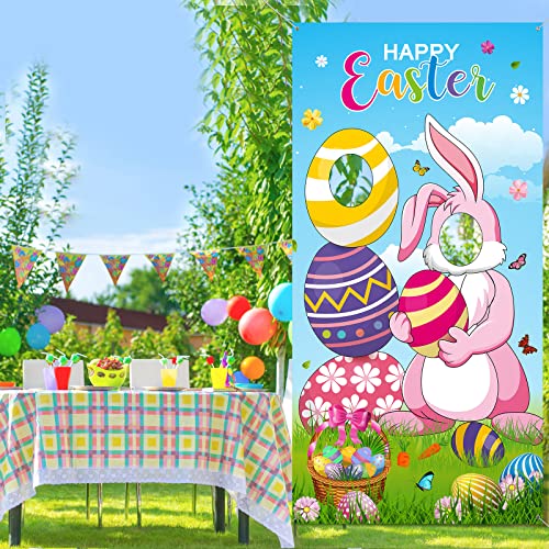 Tatuo Easter Party Decorations Easter Bunny Photo Door Banner Large Fabric Happy Easter Backdrop Photo Prop Funny Eggs Bunny Face in Hole Game for Easter Party Supplies, 6 x 3 Feet