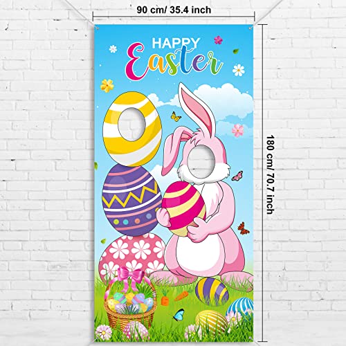 Tatuo Easter Party Decorations Easter Bunny Photo Door Banner Large Fabric Happy Easter Backdrop Photo Prop Funny Eggs Bunny Face in Hole Game for Easter Party Supplies, 6 x 3 Feet