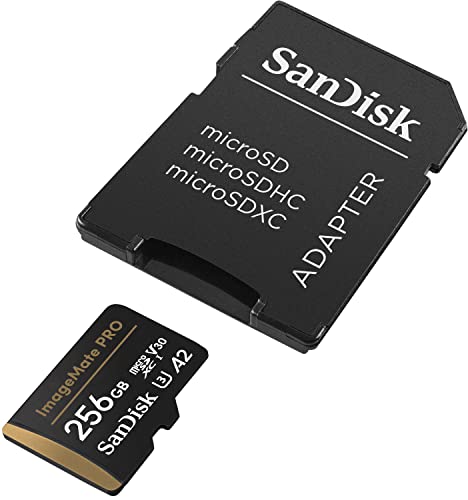 SanDisk 256GB ImageMate PRO microSDXC UHS-1 Memory Card with Adapter - C10, U3, V30, 4K UHD, A2 Micro SD Card - SDSQXBD-256G-AW6KA