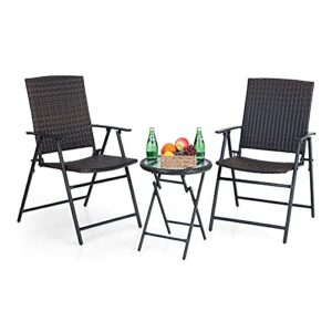 phi villa rattan patio bistro set,3 pieces folding outdoor patio wicker bistro set,patio table and chairs set for garden,backyard, lawn, porch, poolside and balcony,rattan style