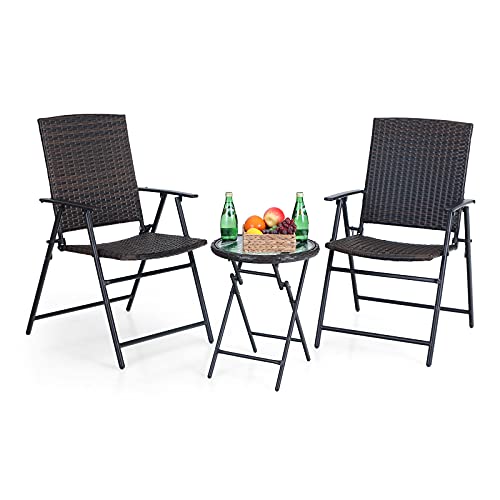 PHI VILLA Rattan Patio Bistro Set,3 Pieces Folding Outdoor Patio Wicker Bistro Set,Patio Table and Chairs Set for Garden,Backyard, Lawn, Porch, Poolside and Balcony,Rattan Style