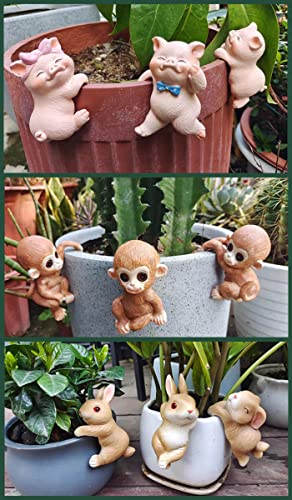 Ebrima Set of 3 Cute Animal Figurines Planter Pot Hanger Decorations, Resin Hanging Climbing Pig/Rabbit/Frog Sculpture Outdoor Statues Ornaments for Flower Pot Garden Decor (3 Pigs)