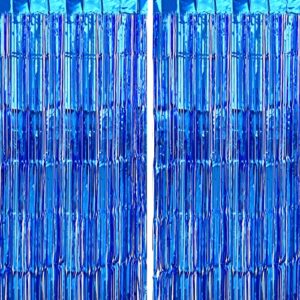 chrorine 2pcs 1m x 2.5m blue metallic tinsel foil fringe curtains, party streamers backdrop for kids boy birthday baby shower bachelorette bridal shower blue party decorations