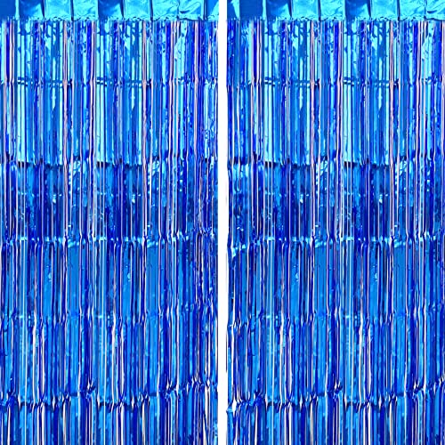 CHRORINE 2pcs 1m x 2.5m Blue Metallic Tinsel Foil Fringe Curtains, Party Streamers Backdrop for Kids Boy Birthday Baby Shower Bachelorette Bridal Shower Blue Party Decorations