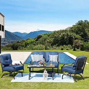 kamont 4 pcs patio furniture conversation set outdoor furniture set metal chairs w/all weather cushioned love seat,poolside lawn chair,coffee table (blue)