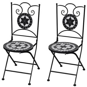 shophome| 2 piece folding bistro chairs | mosaic indoor outdoor bistro chairs | mosaic black iron outdoor dining chairs | folding patio ceramic chairs for garden, yard or lawn| black