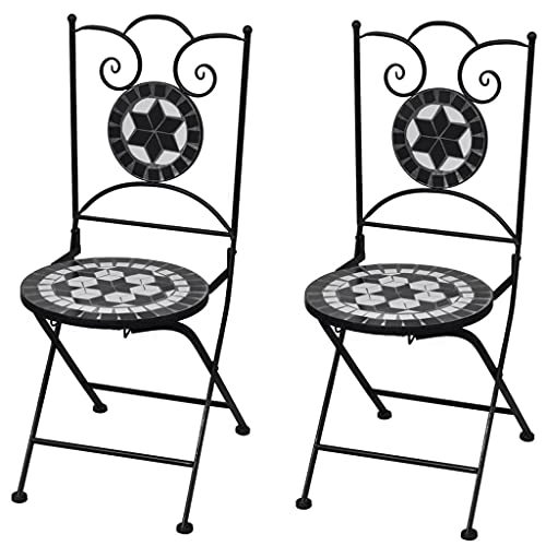 ShopHome| 2 Piece Folding Bistro Chairs | Mosaic Indoor Outdoor Bistro Chairs | Mosaic Black Iron Outdoor Dining Chairs | Folding Patio Ceramic Chairs for Garden, Yard or Lawn| Black