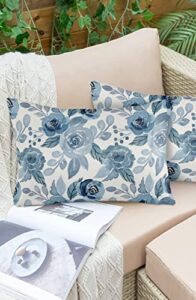 watercolor indigo blue rose pattern outdoor throw pillow covers cases for patio furniture set of 2, waterproof decorative lumbar pillowcases for couch garden tent balcony 12×20 inch