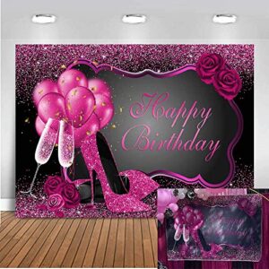 mocsicka pink glitter women’s birthday backdrop pink champagne balloons roses birthday party decorations photography background sweet girl’s birthday photo backdrops (7’x5′)