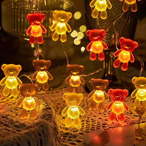 Bartlett Cute Teddy Bear Outdoor Indoor String Lights Unique Gifts Fairy Decorative Lights Battery Operated Bow Tie Bear 8.5ft 20LED with Remote for Garden Yard Camp RV Decoration