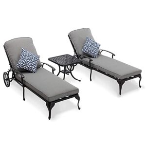 Villeston Lounge Chairs for Outside, Chaise Lounges Outdoor Pool Chair Set of 3 Cast Aluminum Patio Furniture Tanning with Gray Cushion and Pillows Recliner