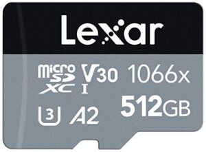 lexar professional 1066x 512gb microsdxc uhs-i card w/ sd adapter, c10, u3, v30, a2, full hd, 4k uhd, up to 160mb/s read, for action cameras, drones, high-end smartphones, tablets (lms1066512g-bnanu)