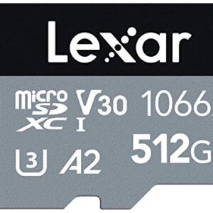 Lexar Professional 1066x 512GB microSDXC UHS-I Card w/ SD Adapter, C10, U3, V30, A2, Full HD, 4K UHD, Up to 160MB/s Read, for Action Cameras, Drones, High-End Smartphones, Tablets (LMS1066512G-BNANU)