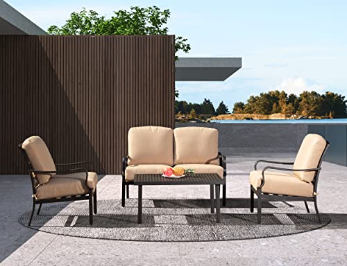 Domi Outdoor 4 pcs Patio Conversation Set, Metal Dining Table and Chairs Dining Set with Removable Beige Cushions for Garden Lawn Yard