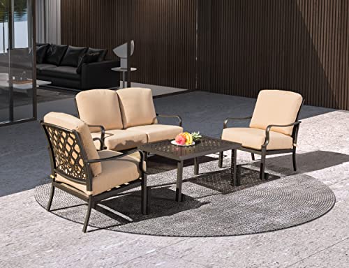 Domi Outdoor 4 pcs Patio Conversation Set, Metal Dining Table and Chairs Dining Set with Removable Beige Cushions for Garden Lawn Yard