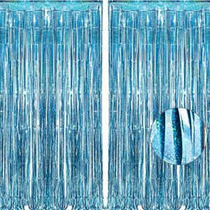 BRAVESHINE Light Blue Glitter Tinsel Foil Fringe Curtains - 2Pcs 3.2x8.2 ft Metallic Holiday Photo Booth Backdrop for Birthday Mermaid Ocean Pool Frozen Theme Baby Shower Wedding Party Streamers Decor