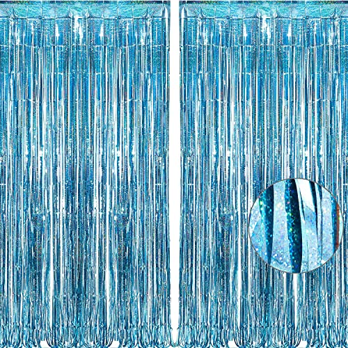 BRAVESHINE Light Blue Glitter Tinsel Foil Fringe Curtains - 2Pcs 3.2x8.2 ft Metallic Holiday Photo Booth Backdrop for Birthday Mermaid Ocean Pool Frozen Theme Baby Shower Wedding Party Streamers Decor