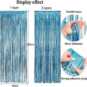 BRAVESHINE Light Blue Glitter Tinsel Foil Fringe Curtains - 2Pcs 3.2x8.2 ft Metallic Holiday Photo Booth Backdrop for Birthday Mermaid Ocean Pool Frozen Theme Baby Shower Wedding Party Streamers Decor